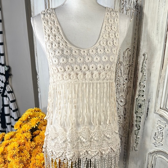 Crystal K Cream Lace Sleeveless Top with Fringe Boho Victorian Edwardian - Picture 5 of 7